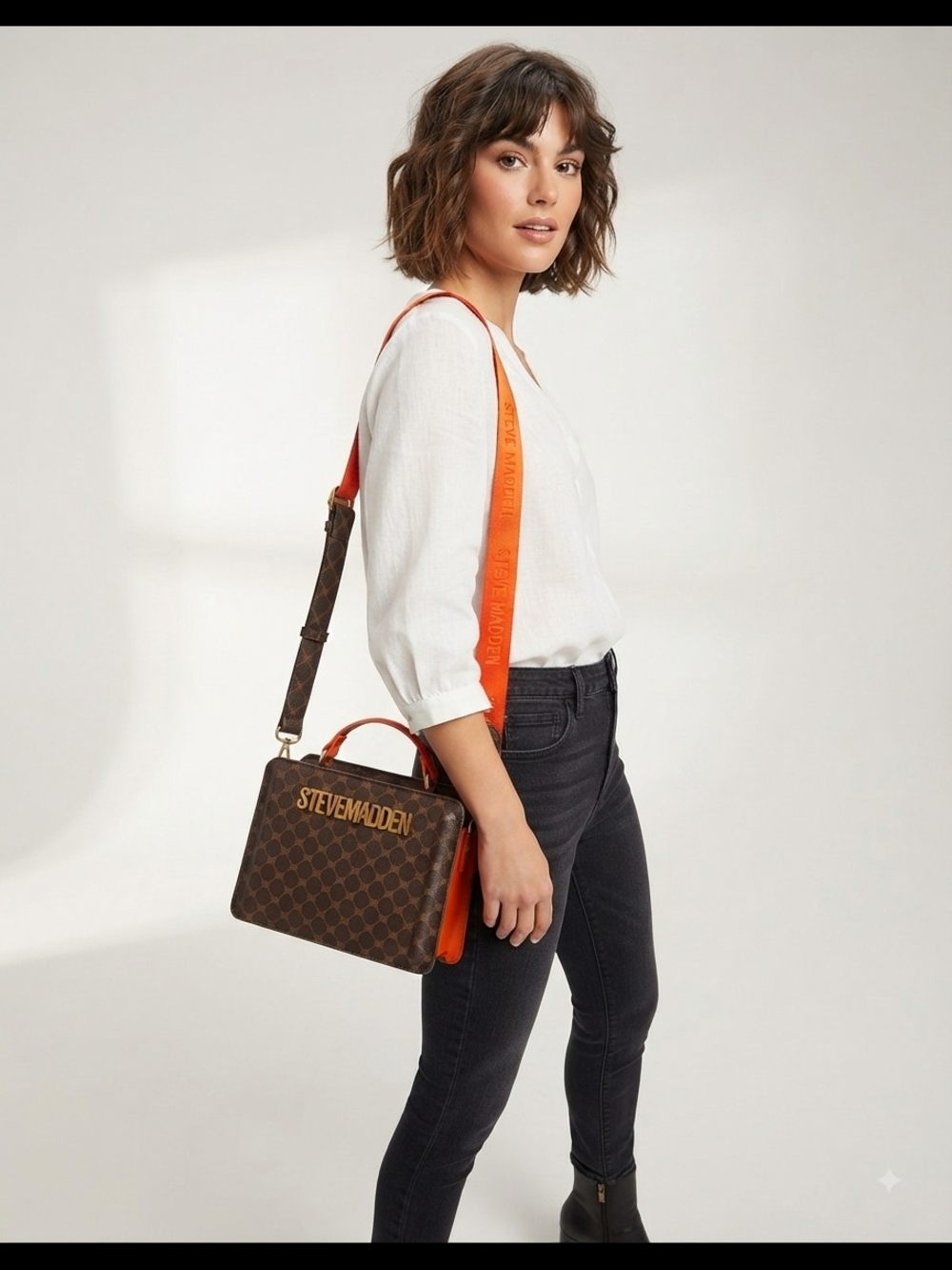 Steve Madden Brown Logo Crossbody Bag with Orange Strap